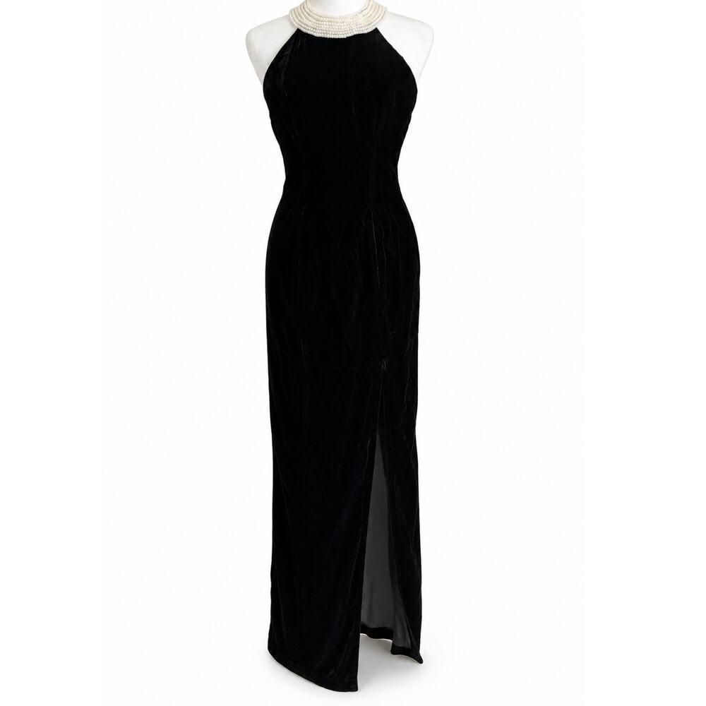 Vtg Algo Velvet Pearl Beaded Halter Prom Dress Long Black Gown Slit 4 90s Formal